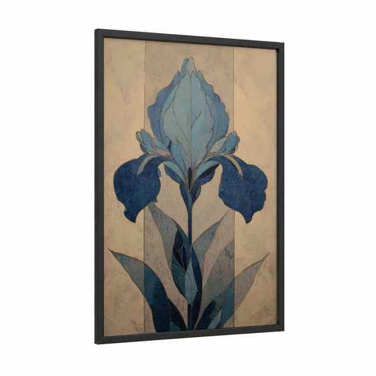 Azure Iris Bloom framed art print — black wood frame — blue and cream palette