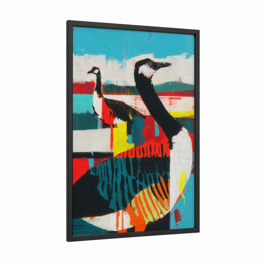 Colorful Geese Duo framed art print — black wood frame — blue and red palette