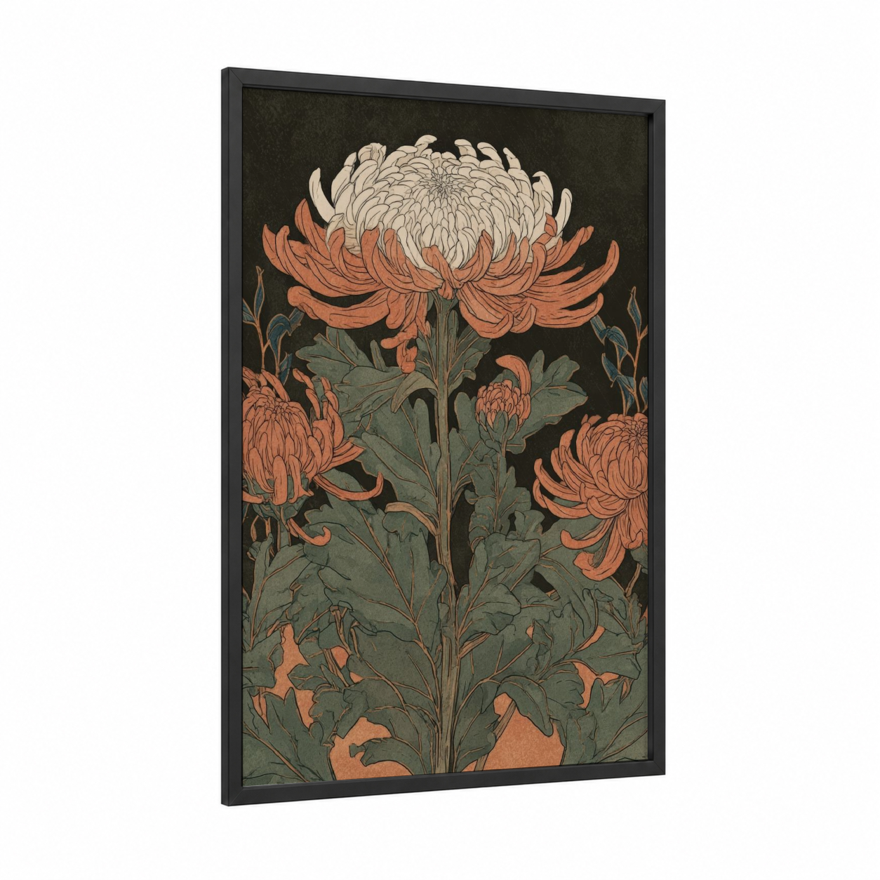 Copper Chrysanthemum framed art print — black wood frame — cream and russet palette