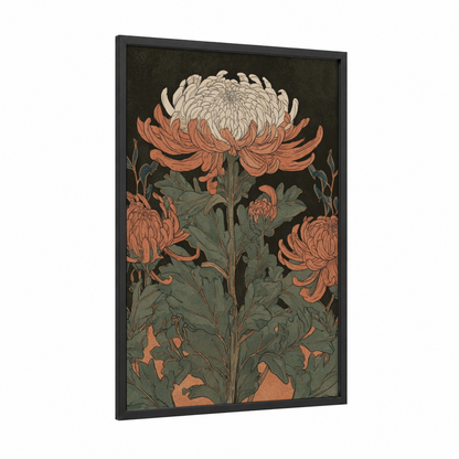 Copper Chrysanthemum framed art print — black wood frame — cream and russet palette