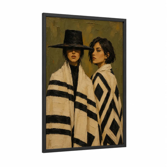 Contemporary Fashion Portrait Wall Art framed fashion illustration print — black wood frame — black and white and gold palette