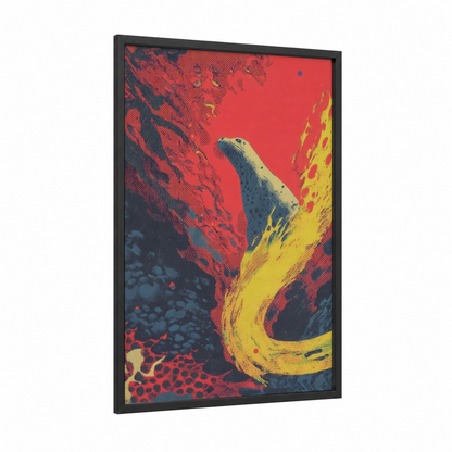 Volcanic Sea Lion framed art print — black wood frame — red and yellow gold palette
