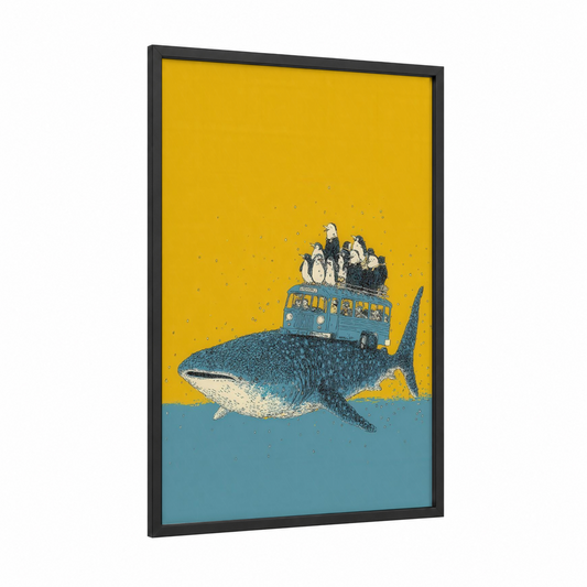 Whale Shark Adventure framed art print — black wood frame — yellow gold and teal palette