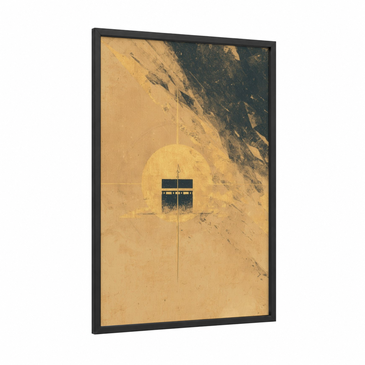 Sacred Kaaba framed islam print — black wood frame — yellow gold and black palette