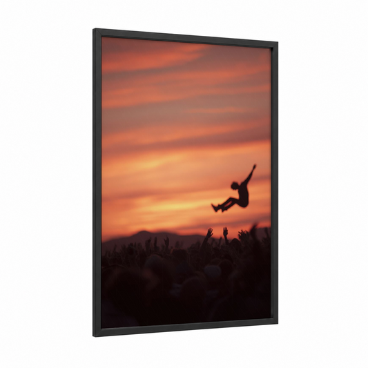 Sunset Crowd Surf framed rock'n roll print — black wood frame — orange and gold palette