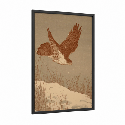 Hunting Hawk framed art print — black wood frame — champagne gold and cream palette