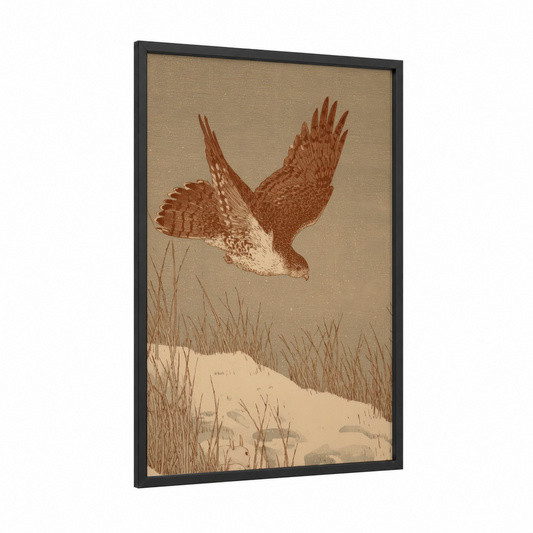Hunting Hawk framed art print — black wood frame — champagne gold and cream palette