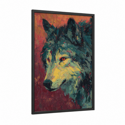 Crimson Wolf framed art print — black wood frame — maroon and teal palette