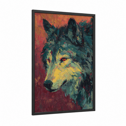 Crimson Wolf framed art print — black wood frame — maroon and teal palette