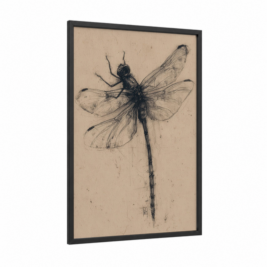 Delicate Dragonfly framed art print — black wood frame — black and white and beige palette