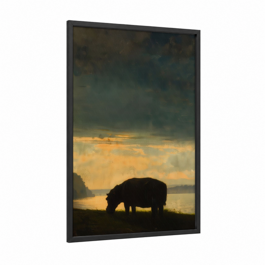 Riverside Hippo framed art print — black wood frame — gold and dark blue palette