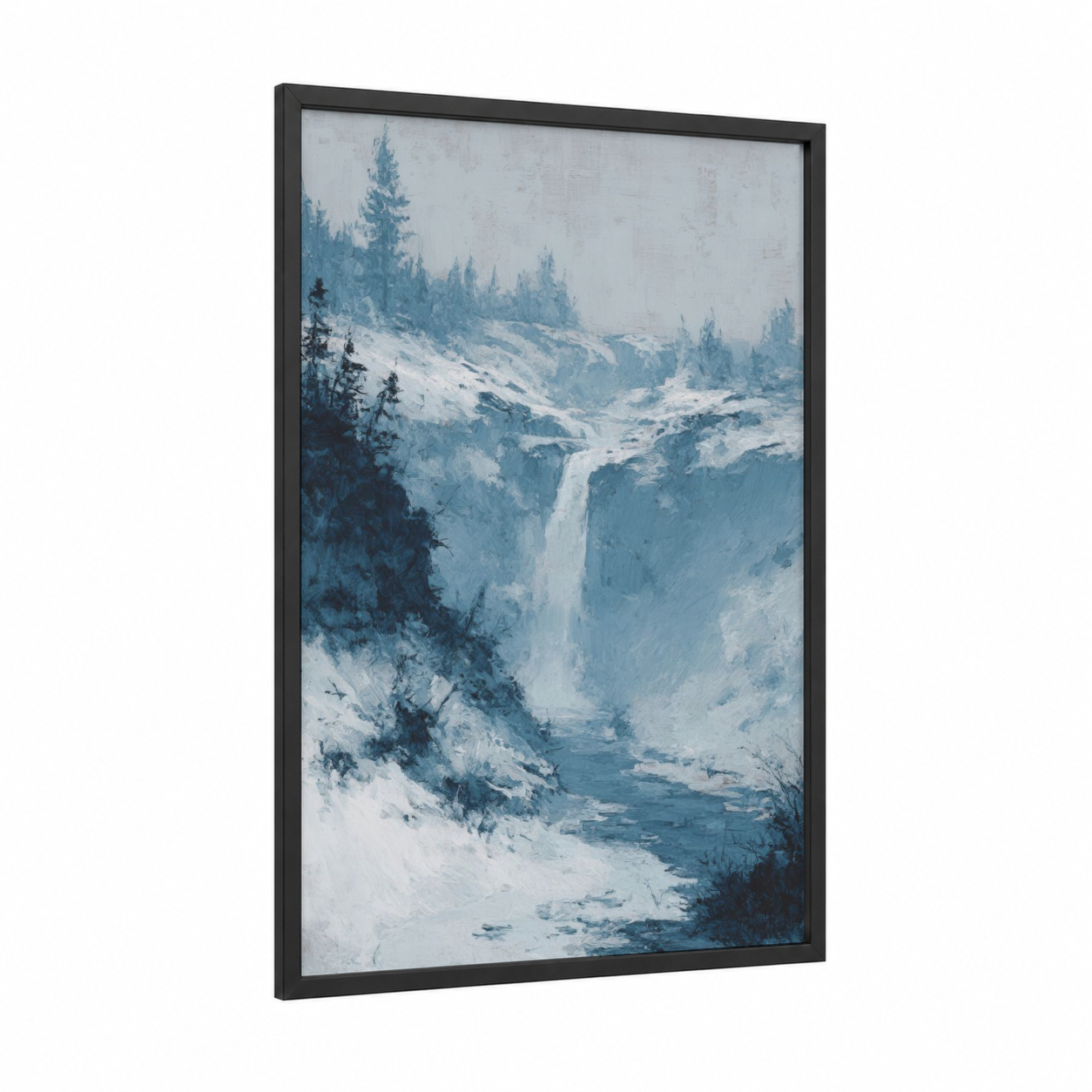 Snowy Waterfall framed art print — black wood frame — blue and white and gray palette