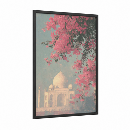 Taj Mahal Spring framed art print — black wood frame — pink and blue palette