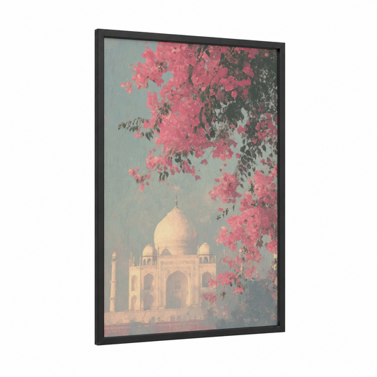 Taj Mahal Spring framed art print — black wood frame — pink and blue palette