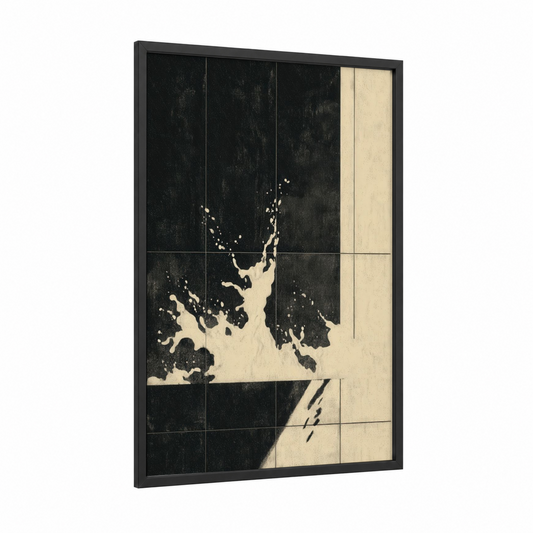 Splashing Milk framed art print — black wood frame — black and white and cream palette