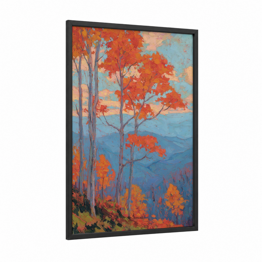 Crimson Mountain Vista framed blue ridge mountains print — black wood frame — orange and blue palette