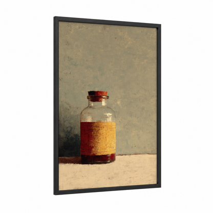 Vintage Condiment Bottle framed condiments print — black wood frame — beige and russet palette