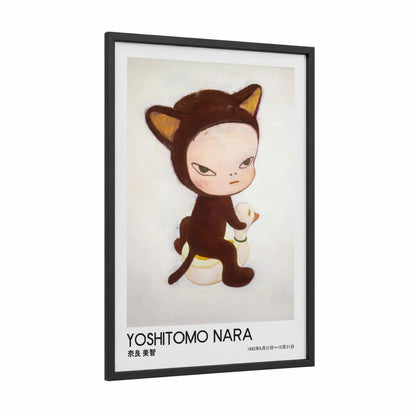 Japanese Cat Character Wall Art framed art print — black wood frame — brown and beige palette