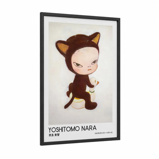Japanese Cat Character Wall Art framed art print — black wood frame — brown and beige palette