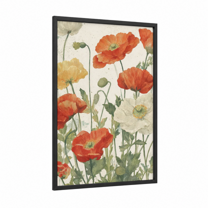 Wildflower Meadow framed flower field print — black wood frame — cream and orange palette