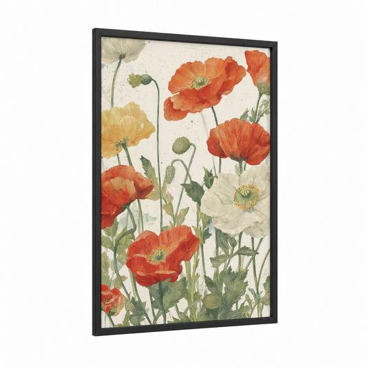Wildflower Meadow framed flower field print — black wood frame — cream and orange palette