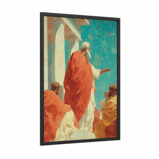 Apostle Paul Teaching framed st. paul print — black wood frame — red and teal palette