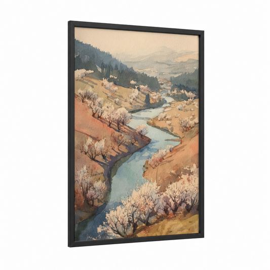 Spring River Valley framed art print — black wood frame — cream and blue palette