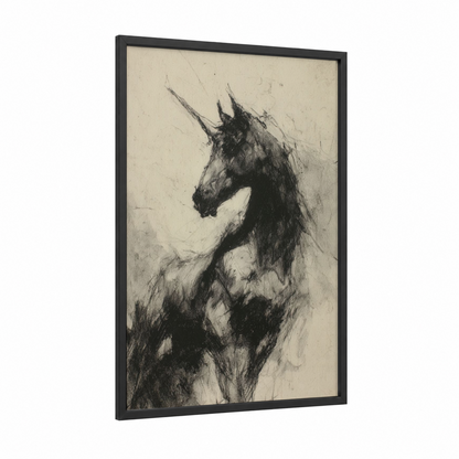 Majestic Unicorn framed unicorns print — black wood frame — black and white and cream palette