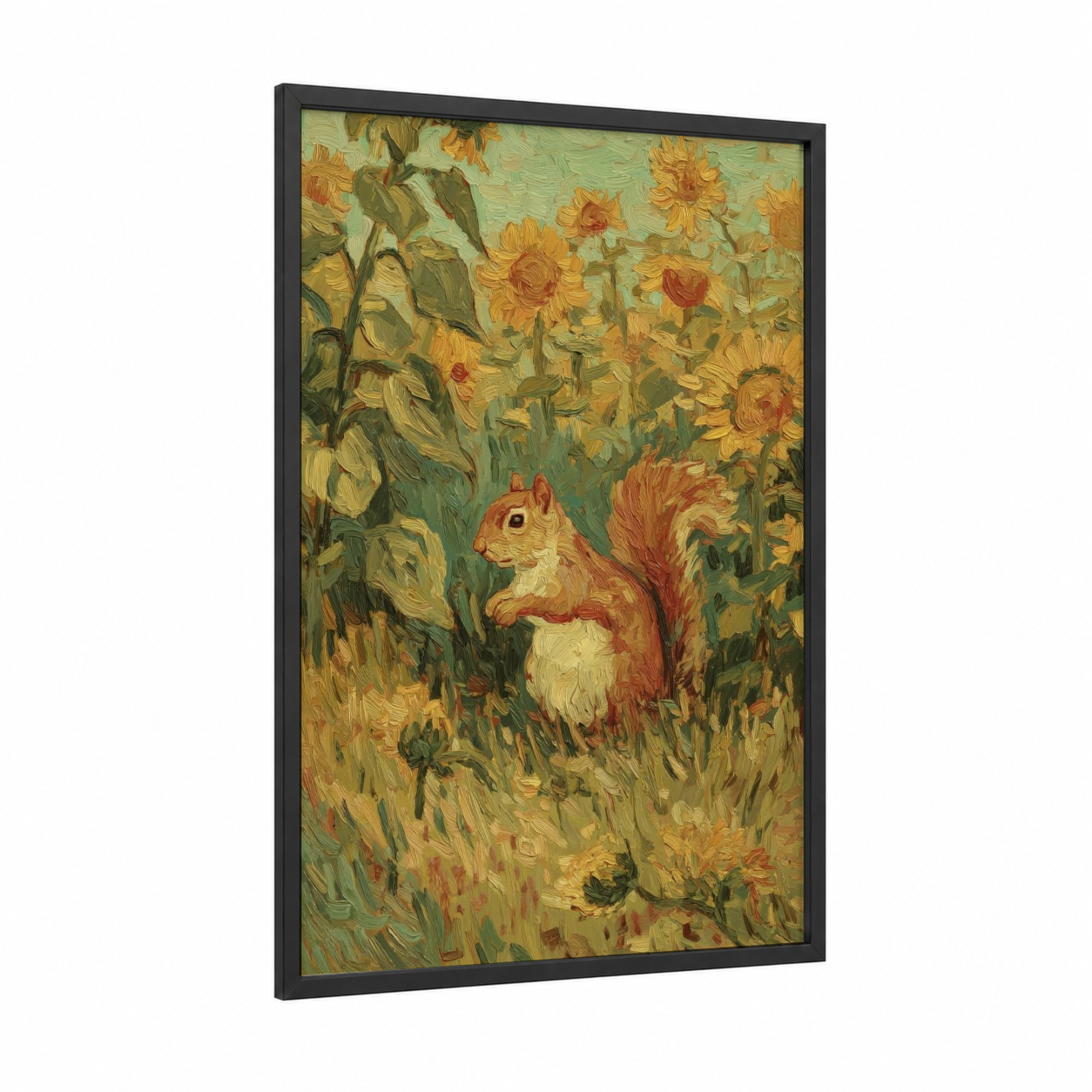 Sunflower Squirrel framed art print — black wood frame — gold and olive palette