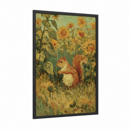 Sunflower Squirrel framed art print — black wood frame — gold and olive palette