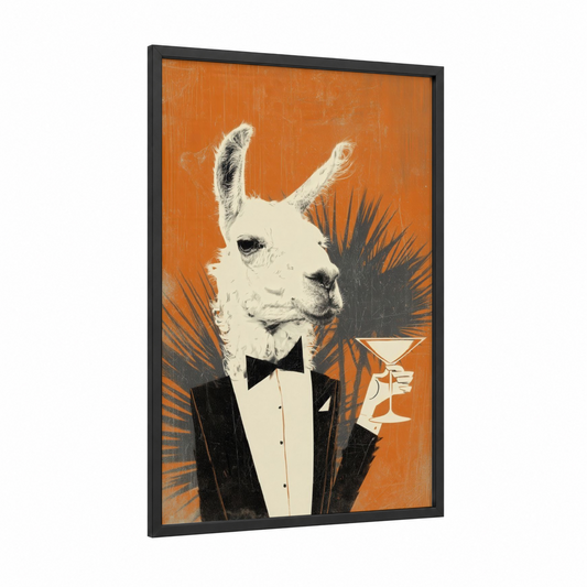 Dapper Llama framed art print — black wood frame — orange and black and white palette