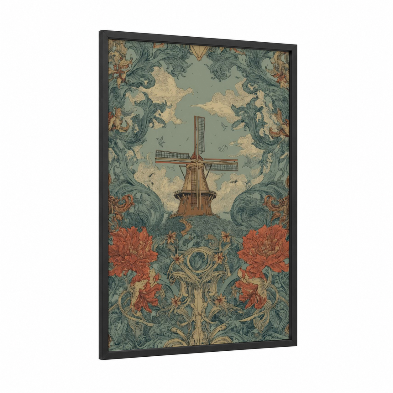 Dutch Windmill framed windmills print — black wood frame — sage green and cream palette
