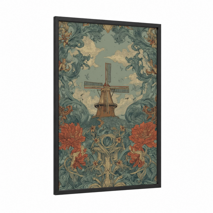 Dutch Windmill framed windmills print — black wood frame — sage green and cream palette