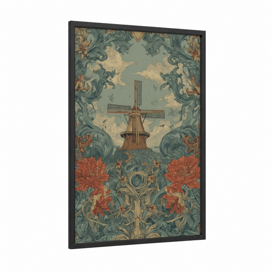 Dutch Windmill framed windmills print — black wood frame — sage green and cream palette