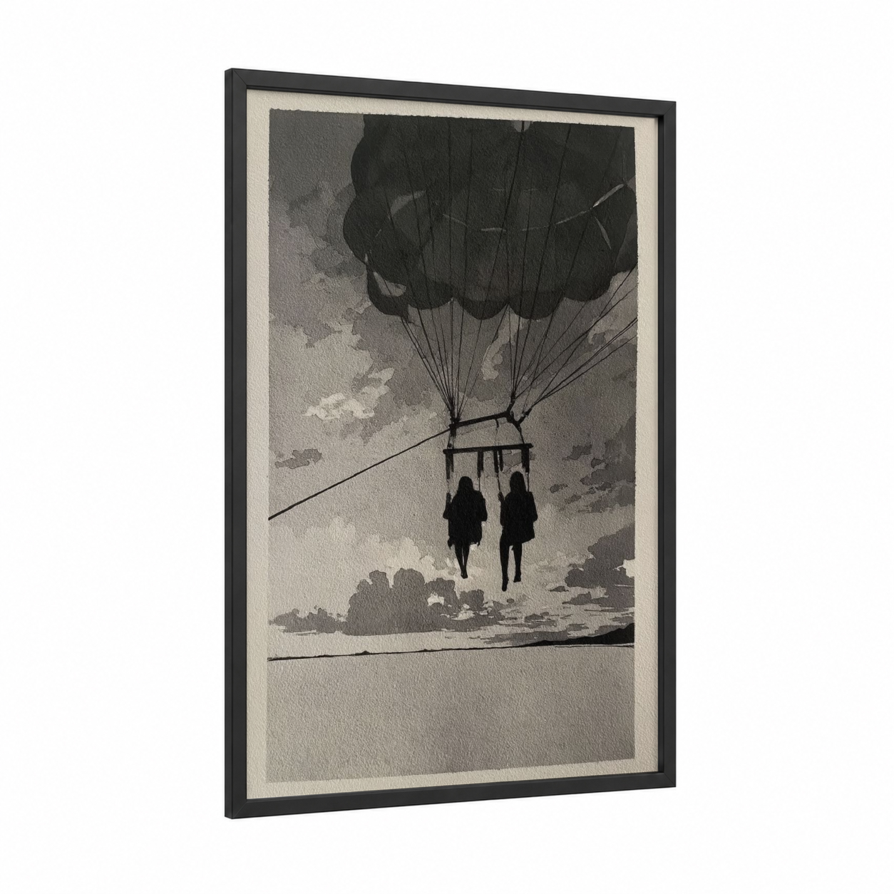 Skybound Duo framed parasailing print — black wood frame — black and white and gray palette