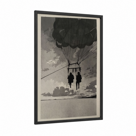 Skybound Duo framed parasailing print — black wood frame — black and white and gray palette