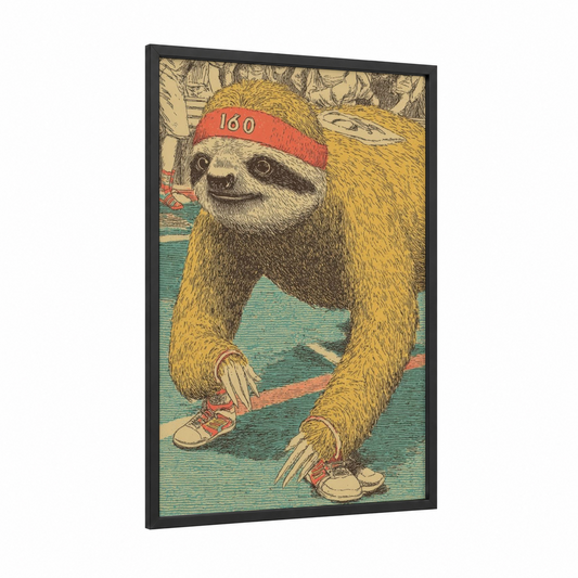 Athletic Sloth framed art print — black wood frame — gold and teal palette