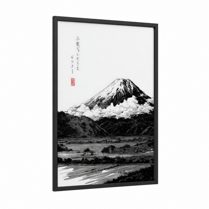 Snowy Mount Fuji framed various landscapes print — black wood frame — black and white palette