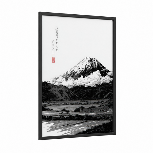 Snowy Mount Fuji framed various landscapes print — black wood frame — black and white palette