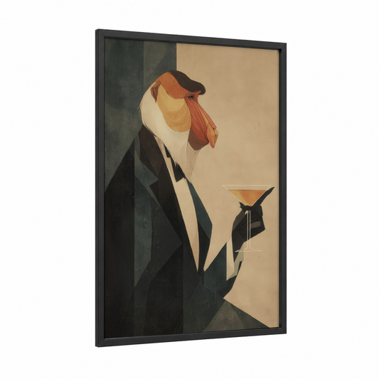 Dapper Monkey framed art print — black wood frame — gold and black and white palette
