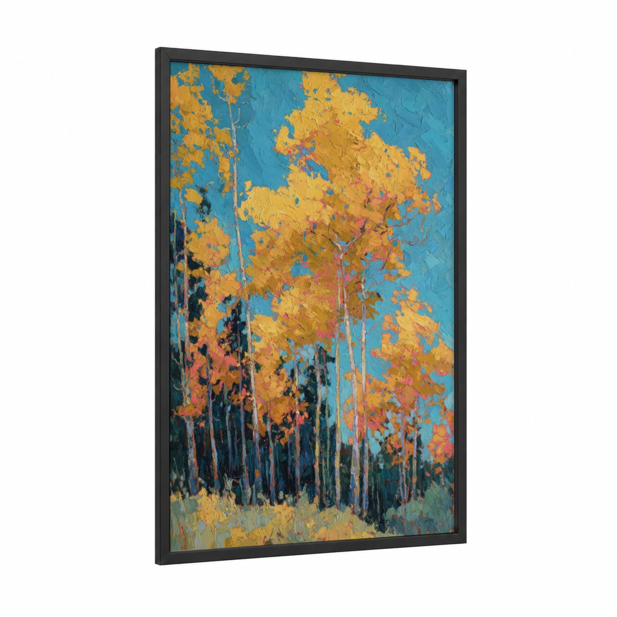 Golden Aspen Grove framed forest trees print — black wood frame — gold and blue palette