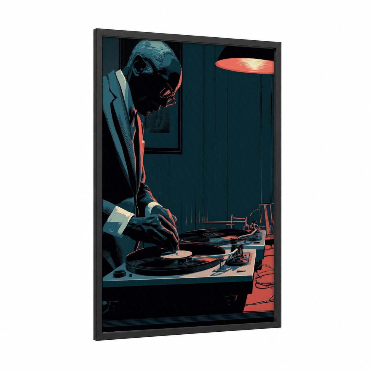 Vinyl Turntablist framed musician print — black wood frame — dark blue and orange palette