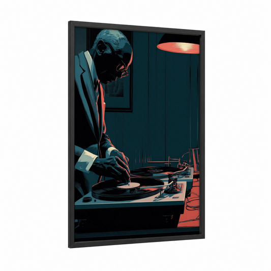 Vinyl Turntablist framed musician print — black wood frame — dark blue and orange palette