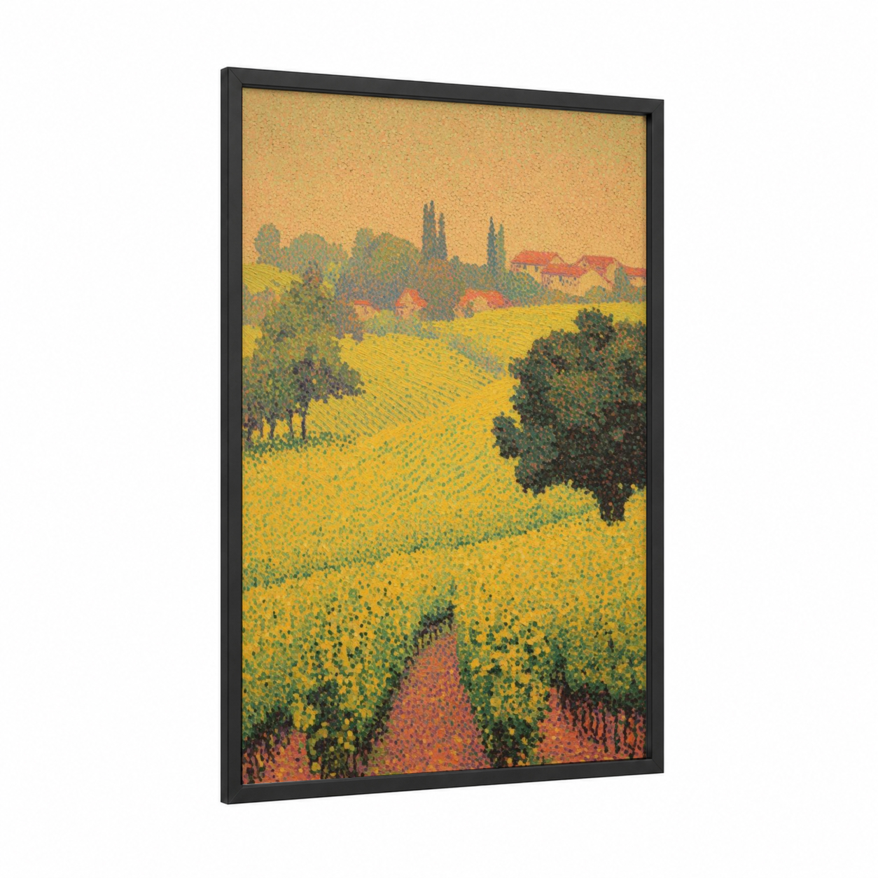 Tuscan Vineyards framed art print — black wood frame — yellow gold and dark green palette