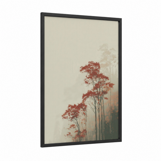 Crimson Maple Forest framed art print — black wood frame — russet and dove gray palette
