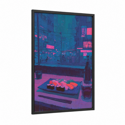 Neon Sushi Night framed fast food print — black wood frame — blue and magenta palette