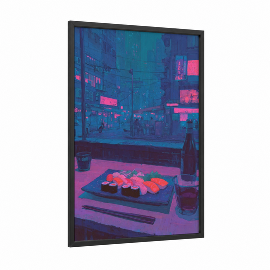 Neon Sushi Night framed fast food print — black wood frame — blue and magenta palette