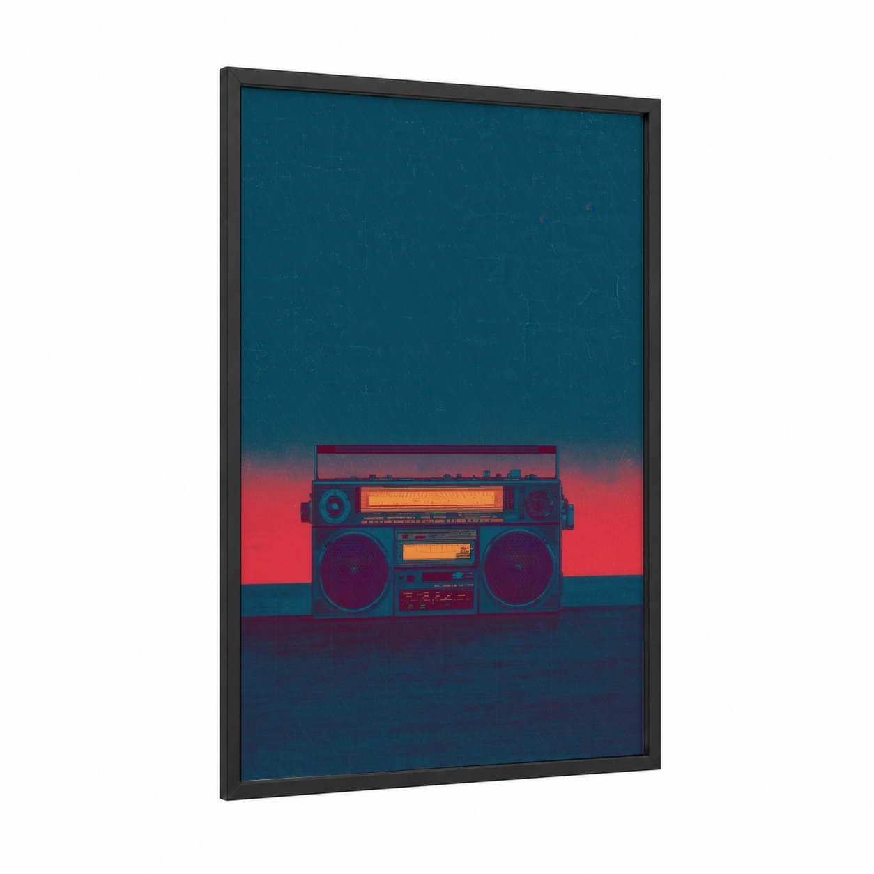 Neon Boombox framed art print — black wood frame — teal and magenta palette