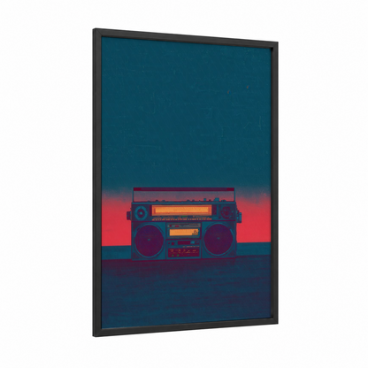 Neon Boombox framed art print — black wood frame — teal and magenta palette