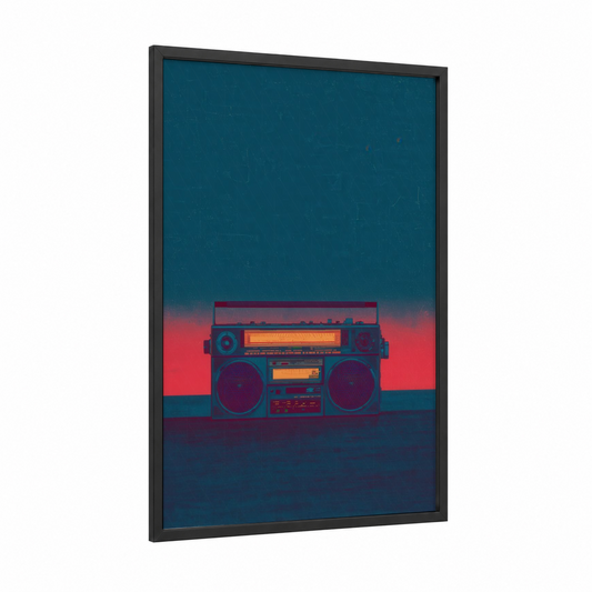 Neon Boombox framed art print — black wood frame — teal and magenta palette